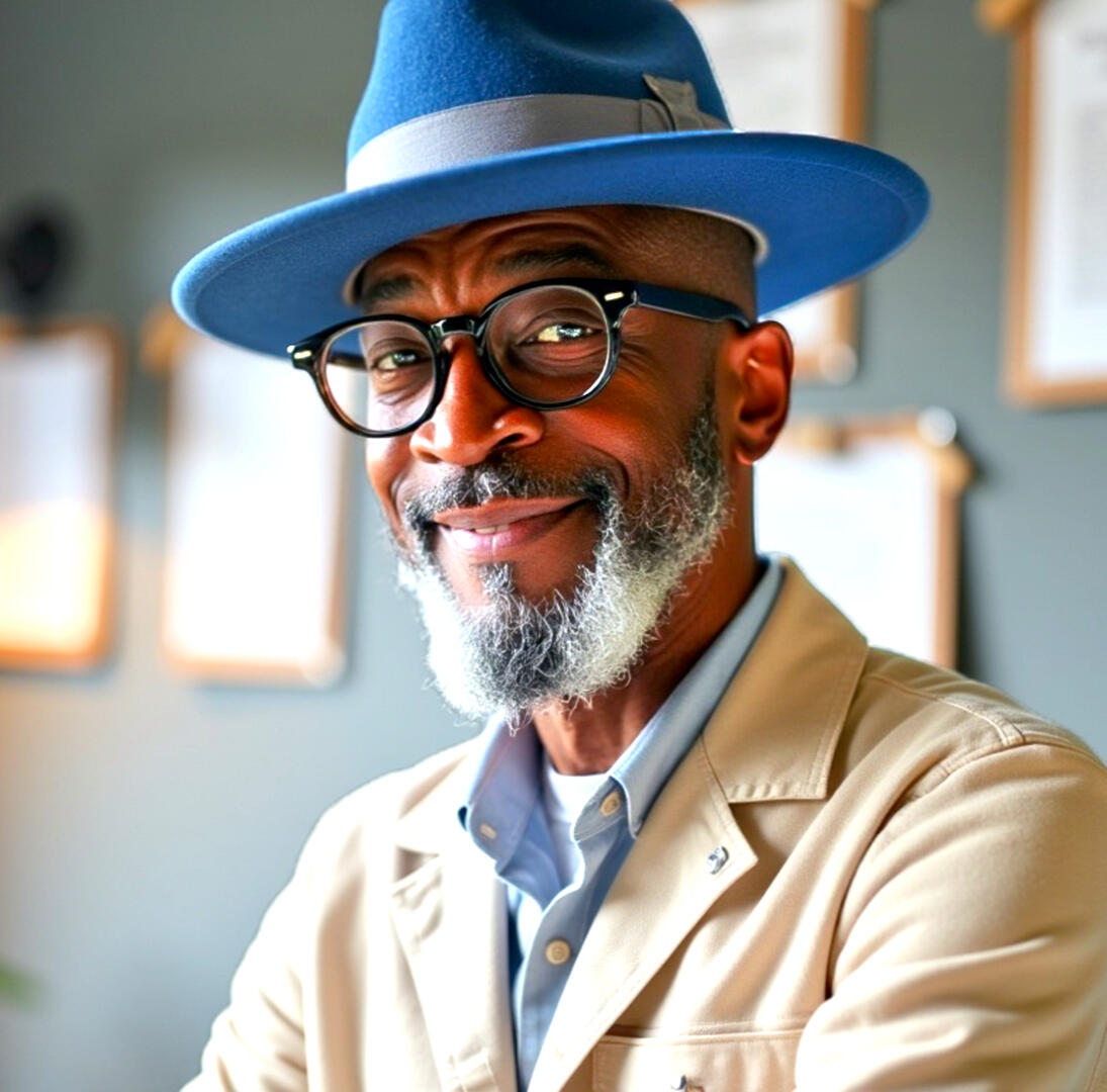 Meet Your Coach – Robbie Turner Smiling Black career coach wearing blue fedora, standing in front of job resumes